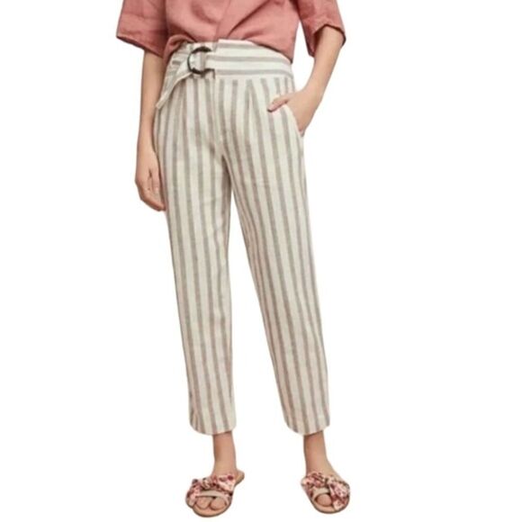 Anthropologie Oasis Striped Linen‎ Blend Tailored Ankle Pants White/Taupe 6 - Picture 9 of 10